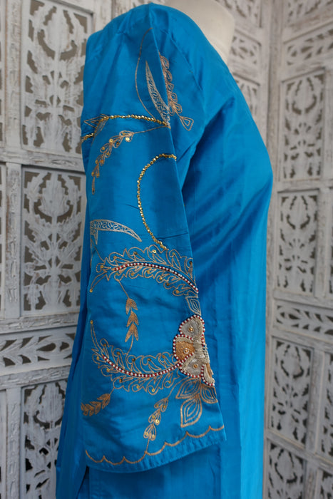 Peacock Blue Vintage Silk Salwar Kameez - UK 18 / EU 44 - New