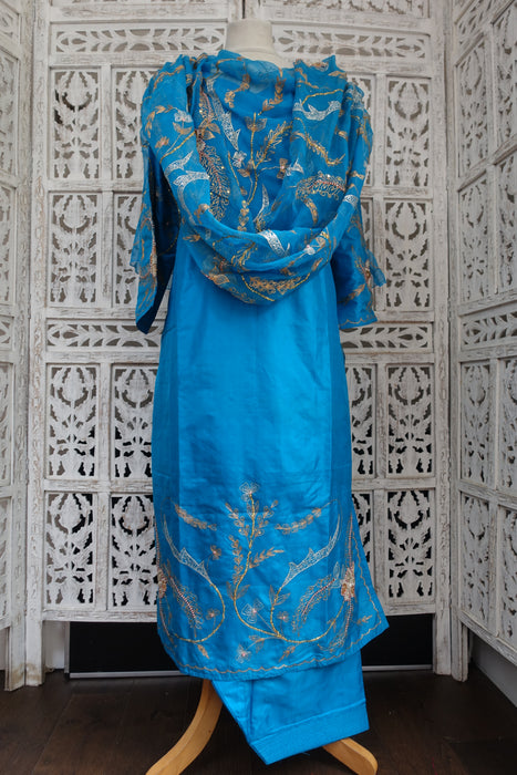 Peacock Blue Vintage Silk Salwar Kameez - UK 18 / EU 44 - New