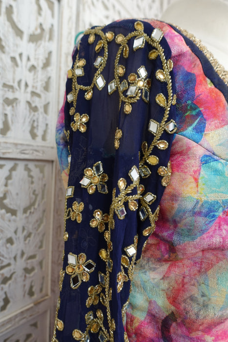 Navy Blue And Floral Raw Silk Effect Mirrored Salwar Kameez - UK 12 / EU 38 - Preloved