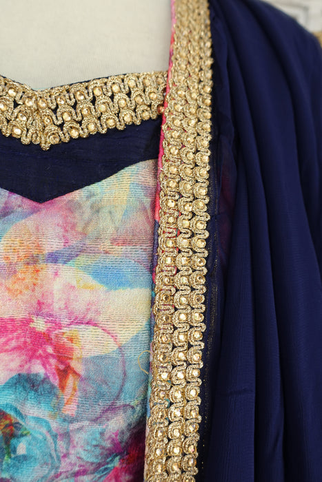 Navy Blue And Floral Raw Silk Effect Mirrored Salwar Kameez - UK 12 / EU 38 - Preloved