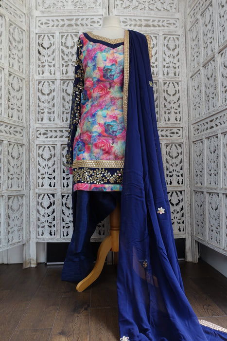 Navy Blue And Floral Raw Silk Effect Mirrored Salwar Kameez - UK 12 / EU 38 - Preloved