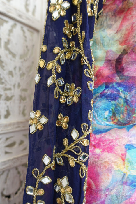 Navy Blue And Floral Raw Silk Effect Mirrored Salwar Kameez - UK 12 / EU 38 - Preloved