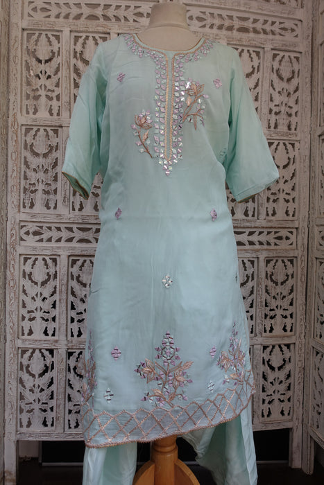 Pale Blue Silk Voile Gota Patti Salwar Suit - UK 20 / EU 46 - New