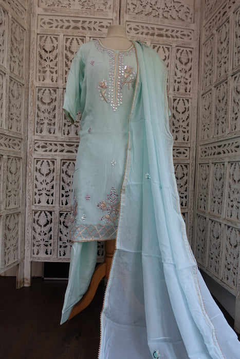 Pale Blue Silk Voile Gota Patti Salwar Suit - UK 20 / EU 46 - New