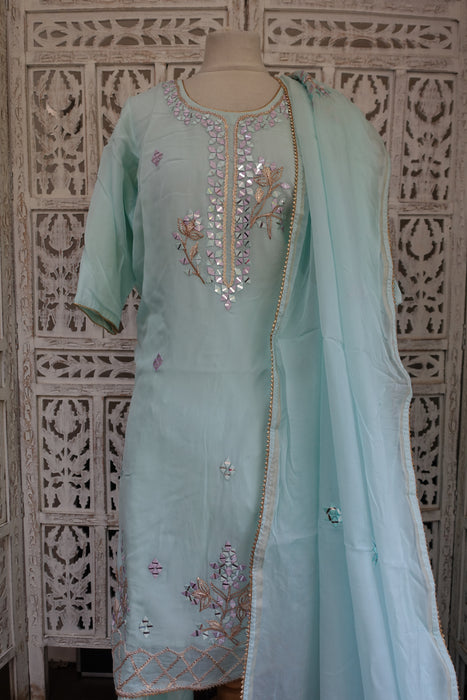 Pale Blue Silk Voile Gota Patti Salwar Suit - UK 20 / EU 46 - New