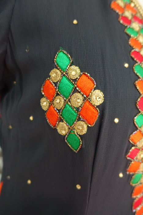 Charcoal and Coral Embroidered Salwar Suit - UK 12/38 - Preloved