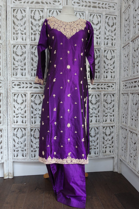 Purple Vintage Pure Silk Salwar Suit - UK 10/12 - EU 36 - New