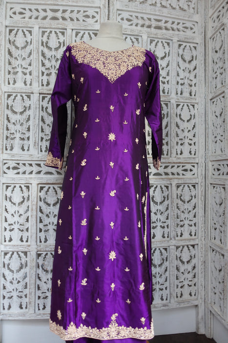 Purple Vintage Pure Silk Salwar Suit - UK 10/12 - EU 36 - New