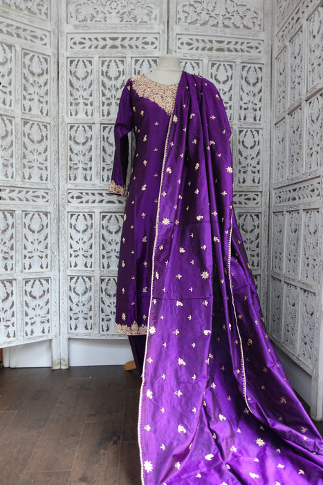 Purple Vintage Pure Silk Salwar Suit - UK 10/12 - EU 36 - New