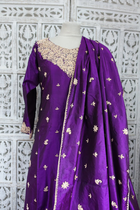 Purple Vintage Pure Silk Salwar Suit - UK 10/12 - EU 36 - New