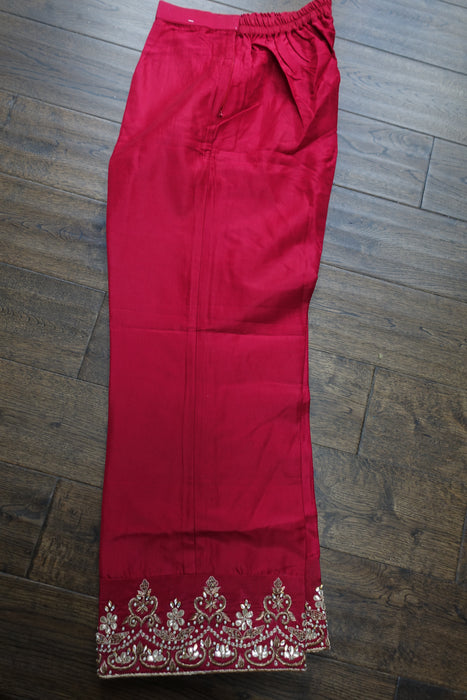 Red Silk With Soft Velvet Zardosi Worked Trouser Suit - UK 14 / EU 40 - New