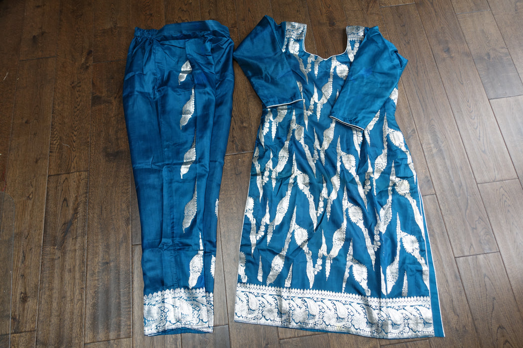 Blue Pure Banarsi Silk Trouser Suit- UK 12 / EU 38 - New