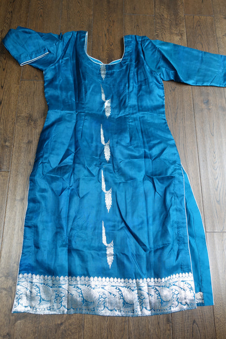 Blue Pure Banarsi Silk Trouser Suit- UK 12 / EU 38 - New