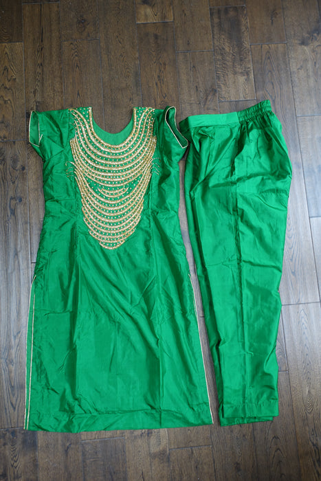 Pure Silk Green Vintage Trouser Suit With Gold Beading- UK 12 / EU 38 - New