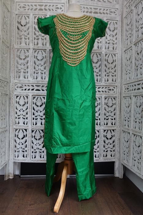 Pure Silk Green Vintage Trouser Suit With Gold Beading- UK 12 / EU 38 - New