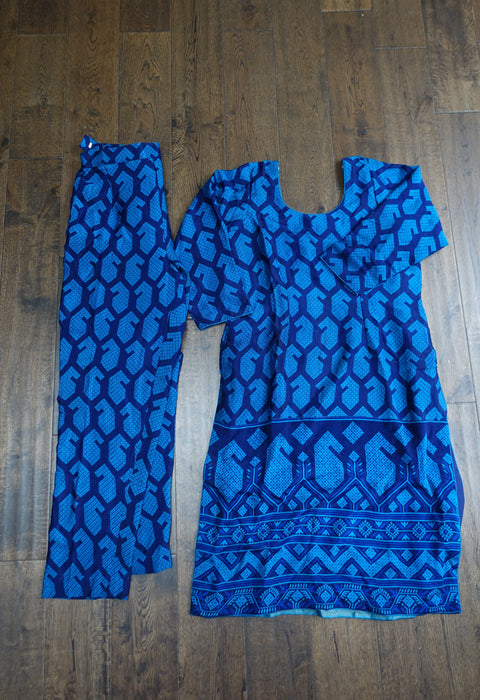 Blue Silk Vintage Trouser Suit - UK 12 / EU 38 - New