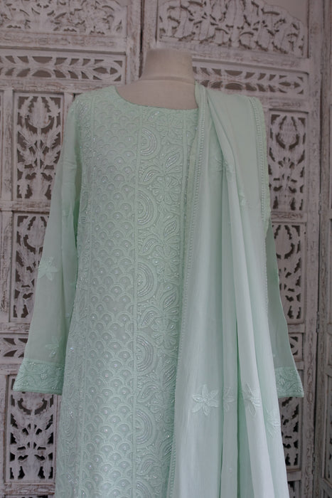 Mint Green Silk Chiffon Trouser Suit - UK 16 / EU 42 - New