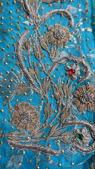 Blue Vintage Silk Organza Frock With Zardosi - UK 16 / EU 42 - Preloved