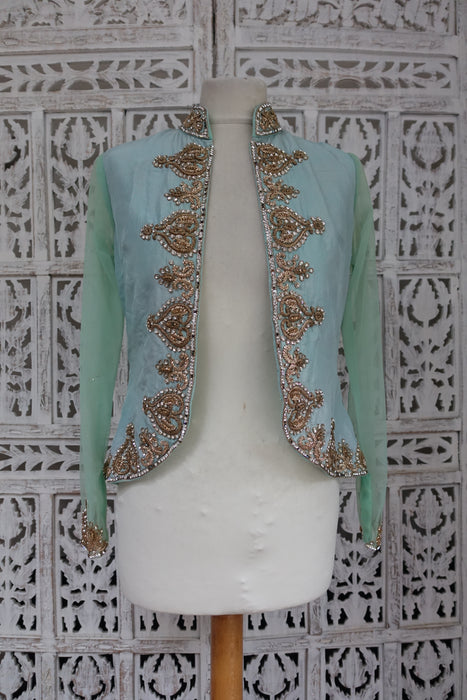 Mint Green Silk Embroidered Jacket- UK 8 / EU 34 - Preloved