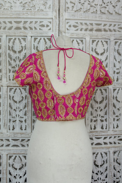 Hot Pink Brocade Silk Zardosi Sari Blouse - UK 14 / EU 40 - Preloved