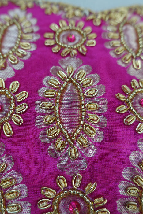 Hot Pink Brocade Silk Zardosi Sari Blouse - UK 14 / EU 40 - Preloved