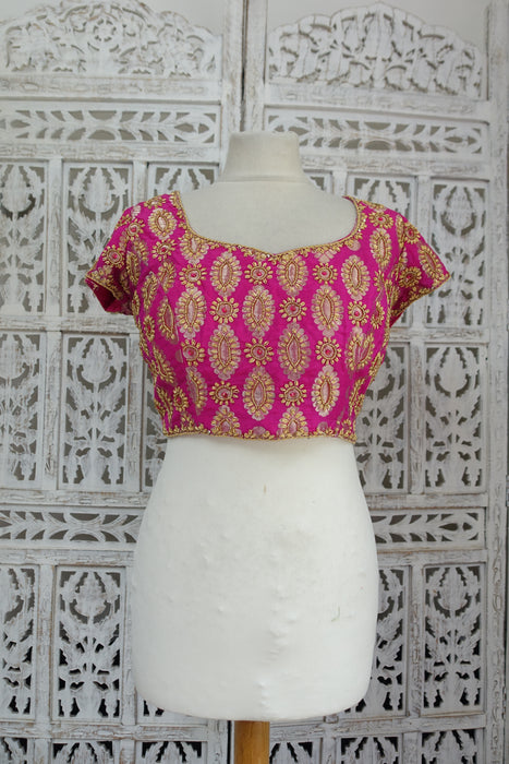 Hot Pink Brocade Silk Zardosi Sari Blouse - UK 14 / EU 40 - Preloved