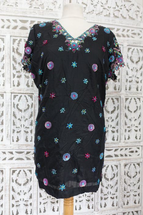 Black Silk Embellished Tunic - UK 18 / EU 44 - Preloved
