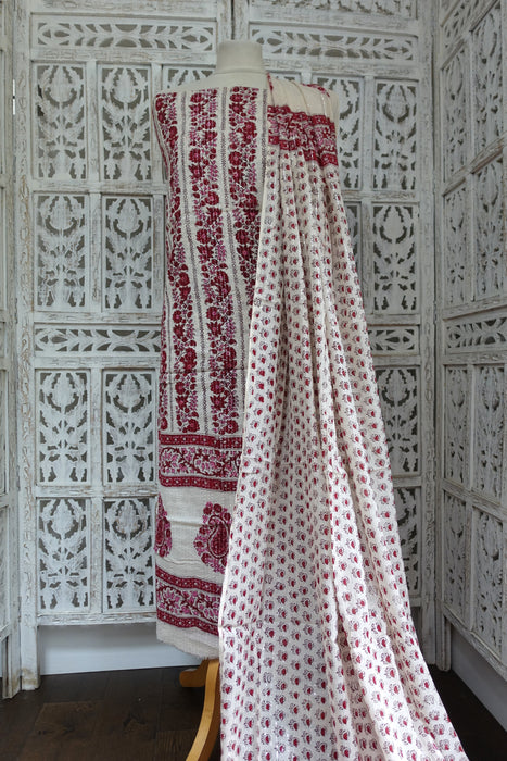 Cream And Dark Red Vintage Unstitched With Dupatta - New