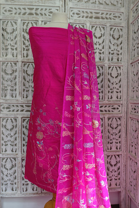 Hot Pink Pure Raw Silk Vintage Unstitched With Matching Dupatta - New