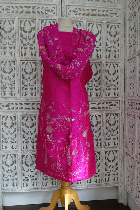 Hot Pink Pure Raw Silk Vintage Unstitched With Matching Dupatta - New