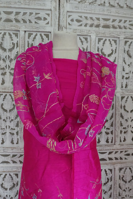 Hot Pink Pure Raw Silk Vintage Unstitched With Matching Dupatta - New