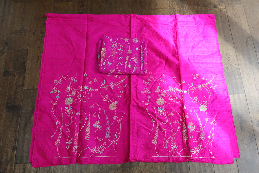 Hot Pink Pure Raw Silk Vintage Unstitched With Matching Dupatta - New