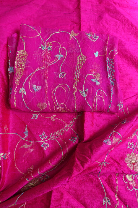 Hot Pink Pure Raw Silk Vintage Unstitched With Matching Dupatta - New