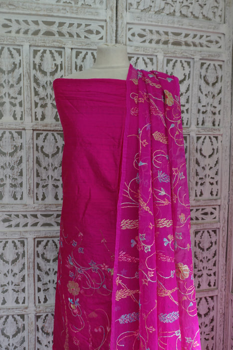 Hot Pink Pure Raw Silk Vintage Unstitched With Matching Dupatta - New