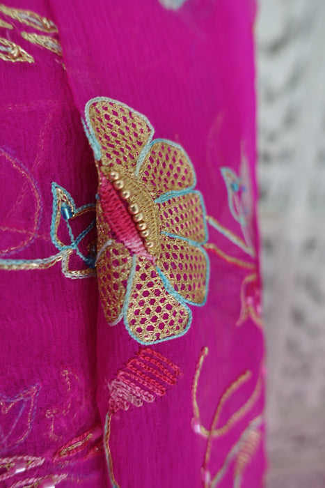 Hot Pink Pure Raw Silk Vintage Unstitched With Matching Dupatta - New