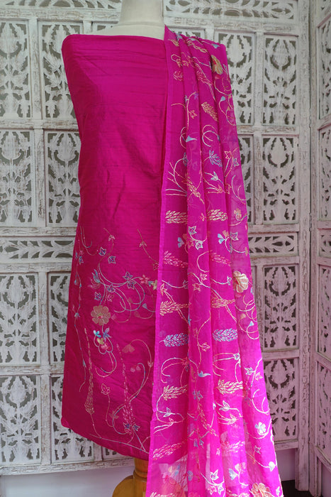 Hot Pink Pure Raw Silk Vintage Unstitched With Matching Dupatta - New