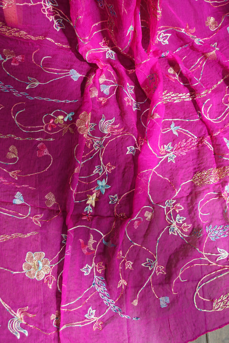 Hot Pink Pure Raw Silk Vintage Unstitched With Matching Dupatta - New