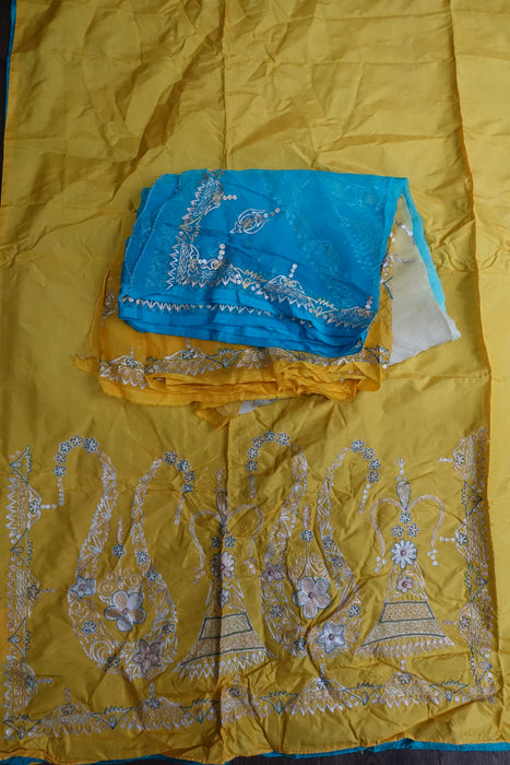 Yellow And Blue Vintage Silk Unstitched - New