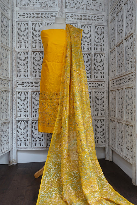 Bright Yellow Silk Vintage Unstitched With Heavy Dupatta - New