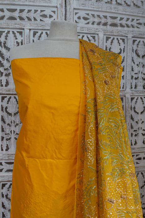 Bright Yellow Silk Vintage Unstitched With Heavy Dupatta - New