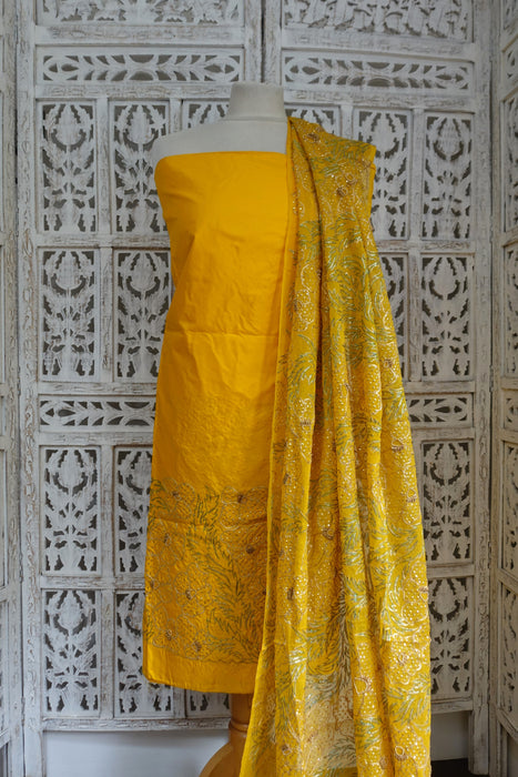 Bright Yellow Silk Vintage Unstitched With Heavy Dupatta - New