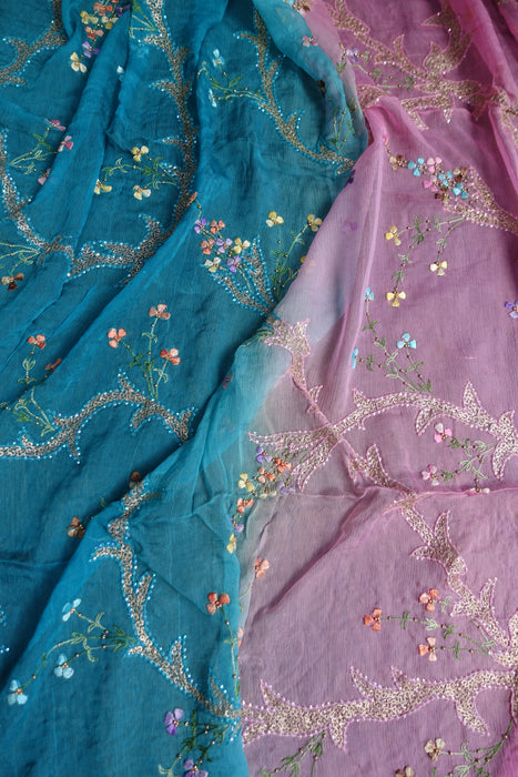 Pink And Blue Vintage Silk Unstitched - New