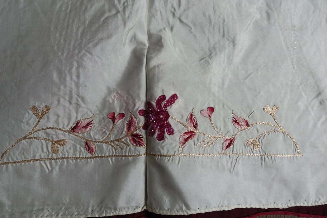 Cream And Maroon Vintage Silk Unstitched - New