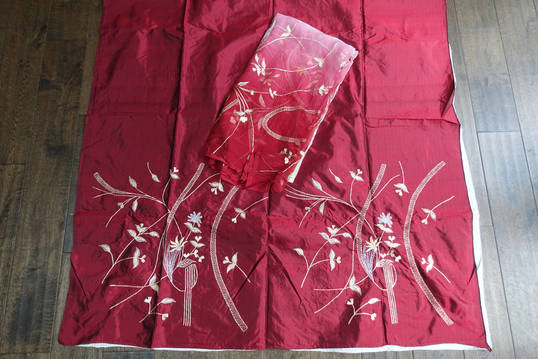 Cream And Maroon Vintage Silk Unstitched - New