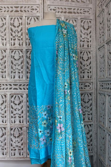 Blue Silk Vintage Unstitched Suit With Sequinned Dupatta - New