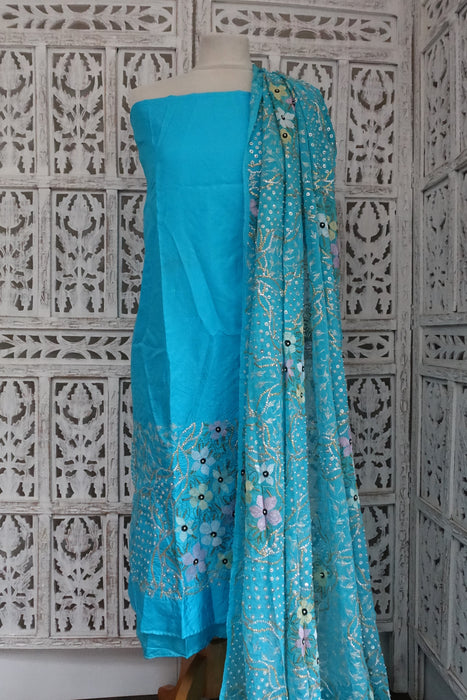 Blue Silk Vintage Unstitched Suit With Sequinned Dupatta - New