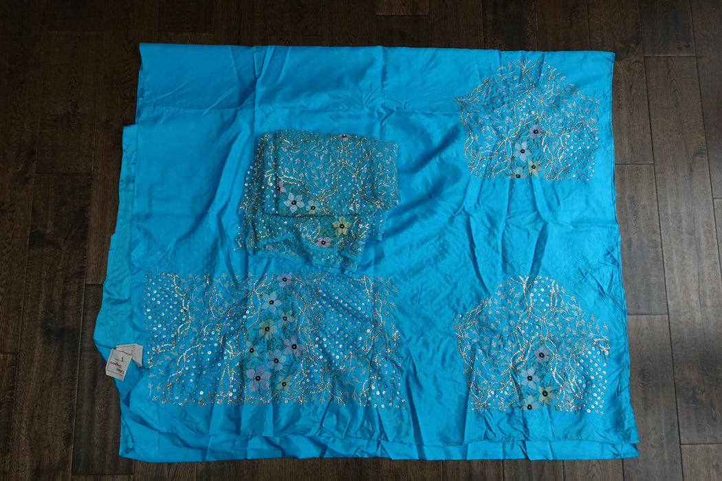 Blue Silk Vintage Unstitched Suit With Sequinned Dupatta - New