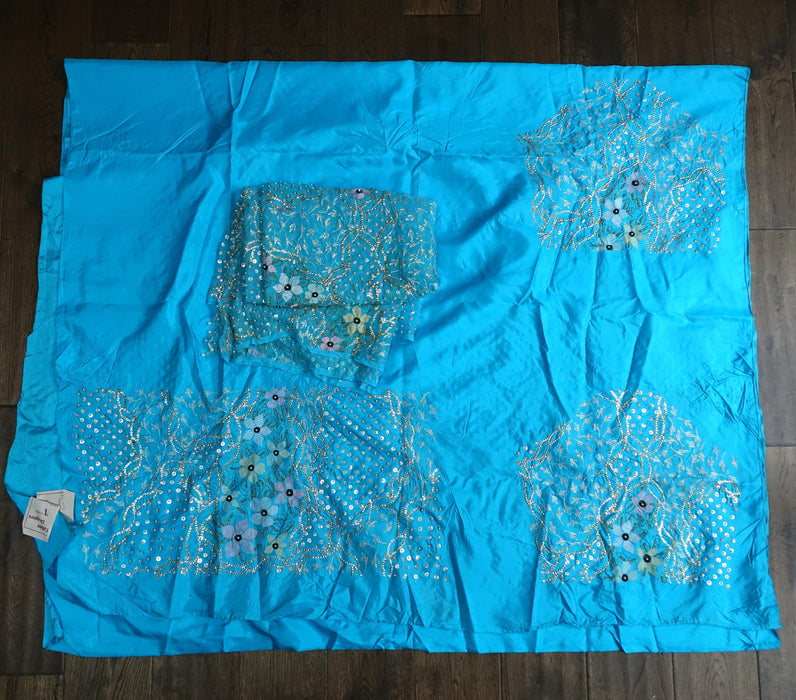 Blue Silk Vintage Unstitched Suit With Sequinned Dupatta - New