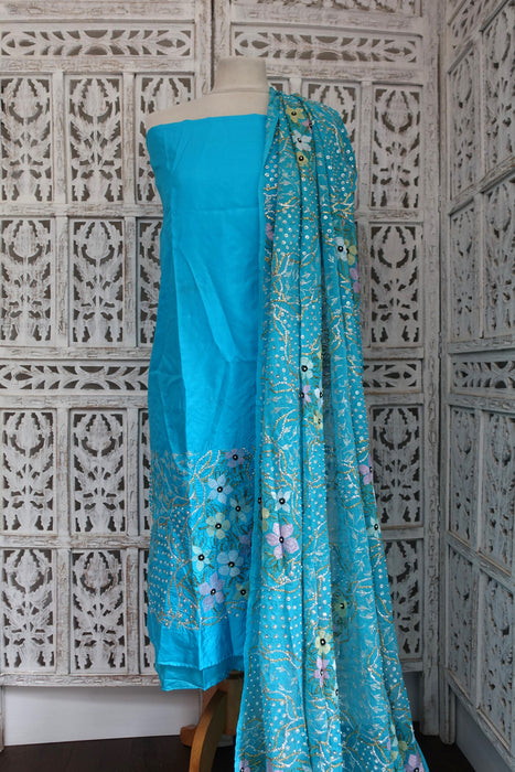 Blue Silk Vintage Unstitched Suit With Sequinned Dupatta - New