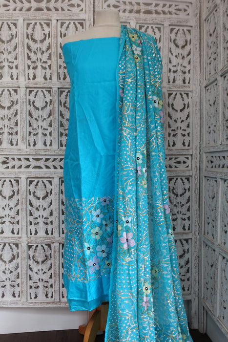 Blue Silk Vintage Unstitched Suit With Sequinned Dupatta - New